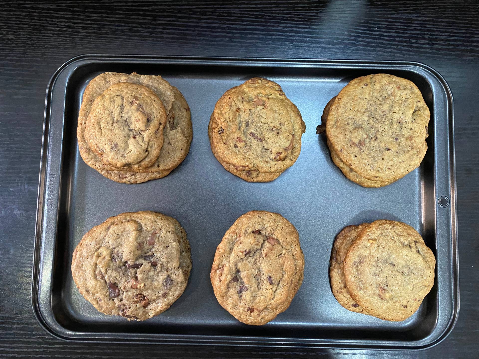 My first batch of chocolate chunk cookies in a baking tray